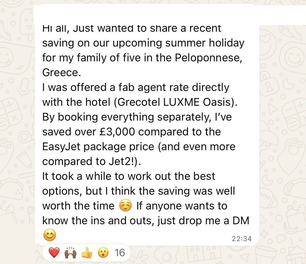 WhatsApp message: family saved over £3,000 on a Greece holiday