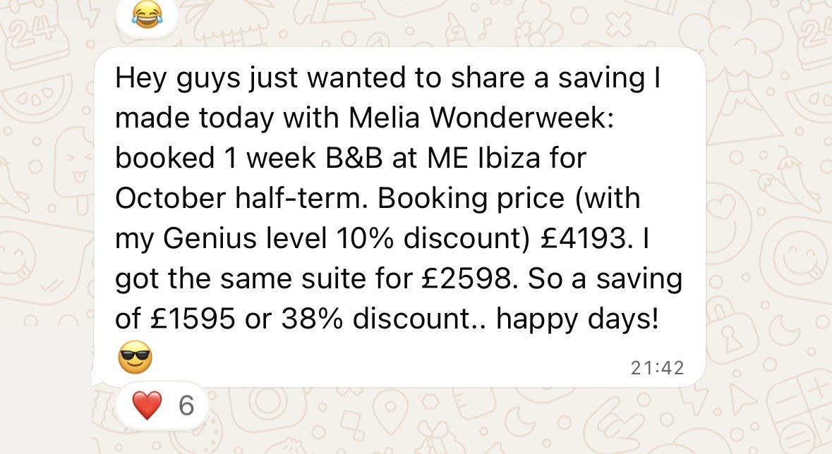 WhatsApp message: saved £1,595 on an Ibiza suite